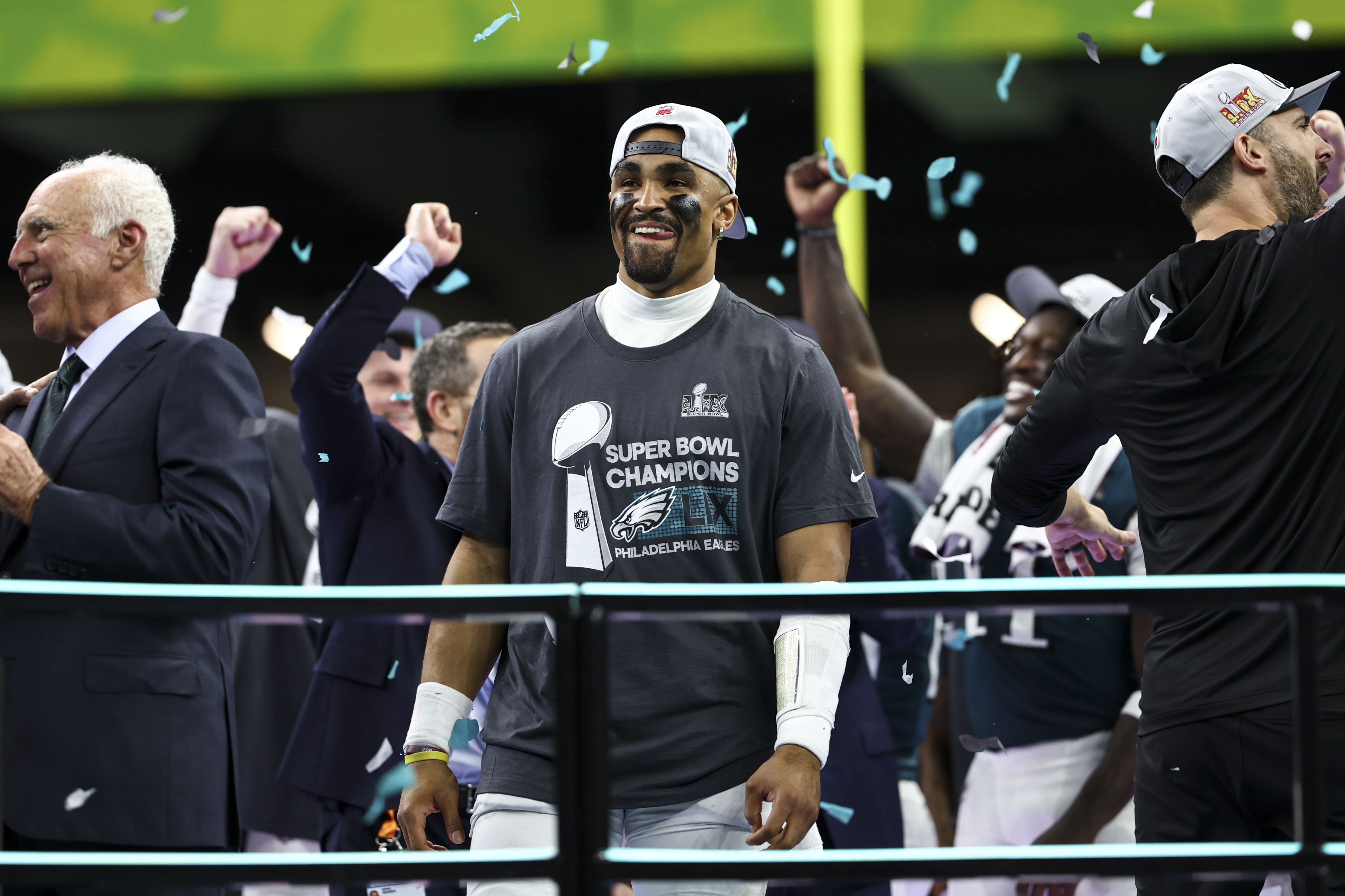 NEW ORLEANS, LOUISIANA – FEBRUARY 9: Jalen Hurts #1 of the Philadelphia Eagles celebrates after defeating the Kansas City Chiefs 40-22 in Super Bowl LIX at Caesars Superdome on February 9, 2025 in New Orleans, Louisiana. (Photo by Kevin Sabitus/Getty Images)