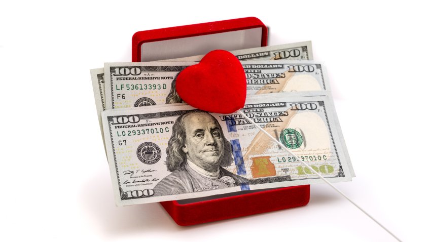 Money and red heart ni red jewelry box