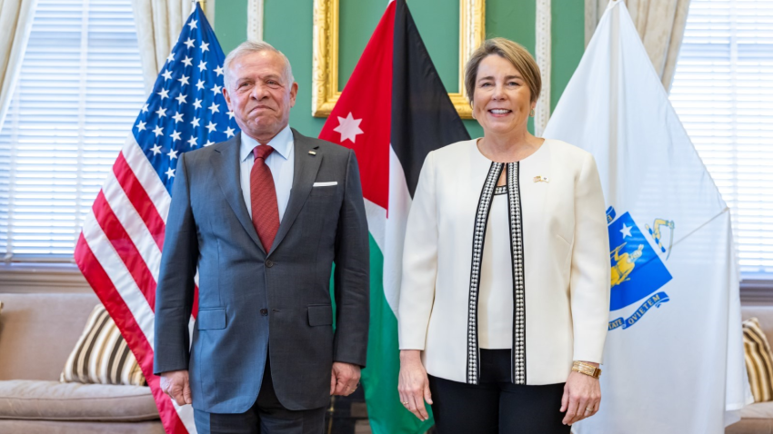 Governor Maura Healey  poses with His Majesty King Abdullah II ibn Al Hussein of the Hashemite Kingdom of Jordan