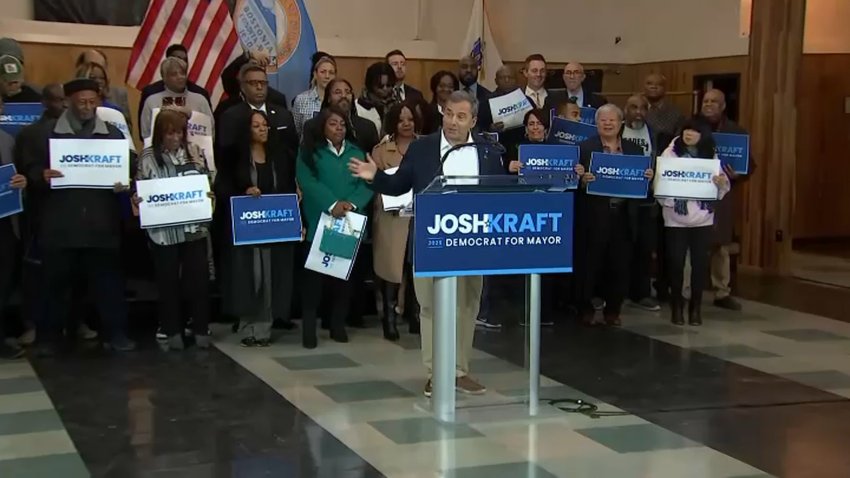 Josh Kraft announces his run for mayor of Boston at an event in Dorchester on Feb. 4, 2025.