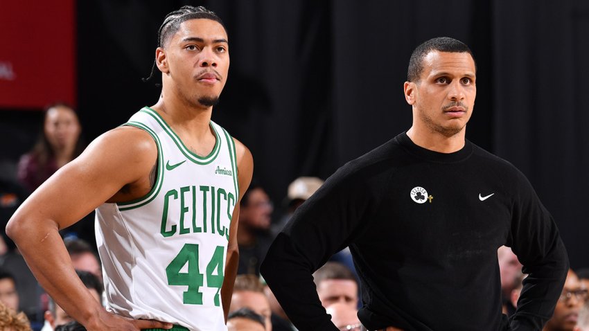 Celtics guard Jaden Springer and head coach Joe Mazzulla