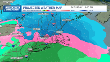 A map showing where to expect snow (northern New England and much of Massachusetts, rain (southern Connecticut) and a wintry mix (in between) at 8 p.m. Saturday, Feb., 15, 2025.