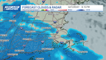 A map showing where snow, rain and a wintry mix will be falling across southern New England as of 8 p.m. Saturday, Feb. 15, 2025.