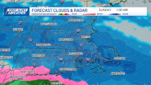A map showing where snow, rain and a wintry mix will be falling across southern New England as of 1 a.m. Sunday, Feb. 16, 2025.