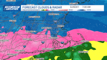 A map showing where snow, rain and a wintry mix will be falling across southern New England as of 7 a.m. Sunday, Feb. 16, 2025.