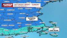 A map showing the potential for 6 inches or more of snow Saturday-Sunday, Feb. 8-9, 2025, across most of Massachusetts and northern New England, as well as parts of Connecticut and Rhode Island.