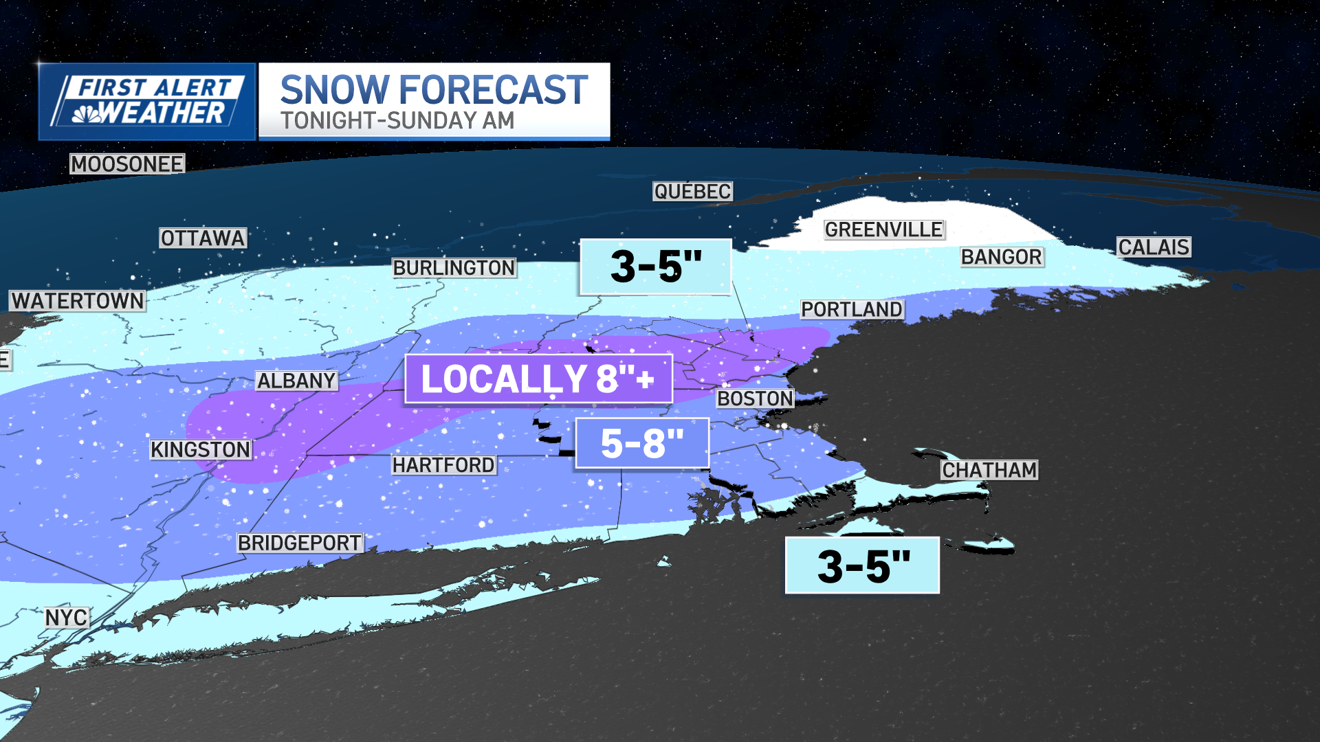 A wider look at the expected snowfall totals in New England for Sunday, Feb. 9, 2025.