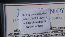 A sign outside the JFK Presidential Library in Boston that says, "Due to the executive order, The JFK Library will be closed until further notice" on Tuesday, Feb. 18, 2025.