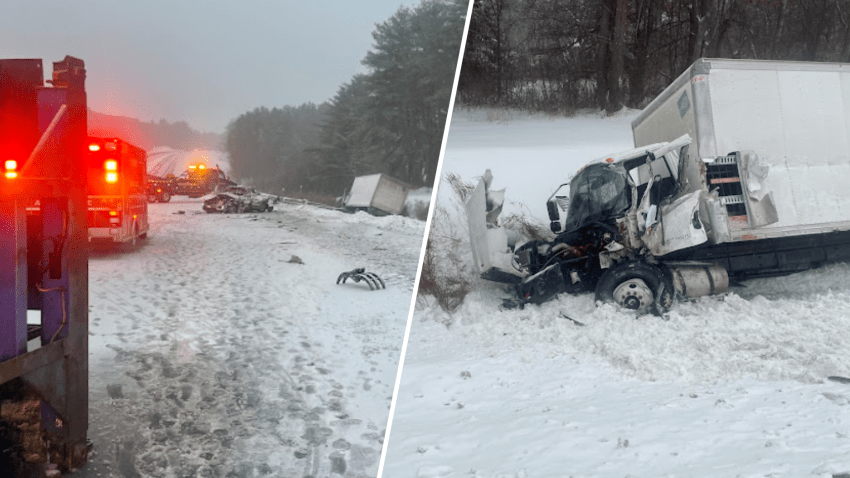 The scene of a deadly crash on I-95 on the Maine Turnpike during a storm early Thursday, Feb. 13, 2025.