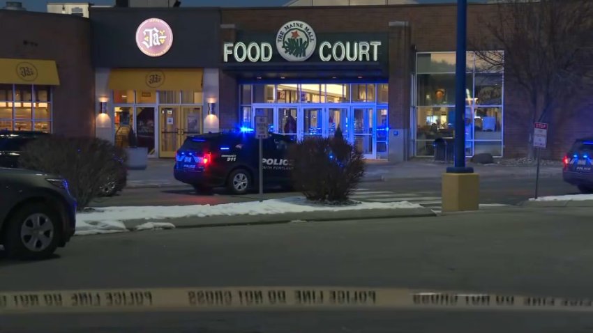 A police cruiser outside the Maine Mall's food court in South Portland on Wednesday, Feb. 5, 2025, following a shooting.