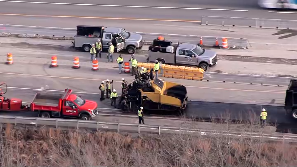 Repair work being done on the Massachusetts Turnpike headed west at the I-495 exchange after ground settlement caused cracks that could have led to a sink hole on Friday, Feb. 28, 2025.