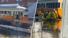At left, an MBTA Mattapan Line trolley in flood waters on Tuesday, Feb. 18, 2025. At right, firefighters pull people from the trolley in a raft.