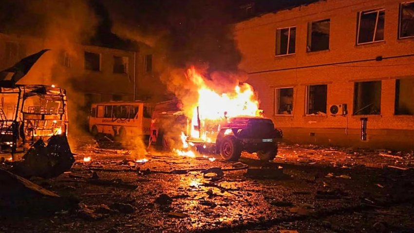 A vehicle burns in Kropyvnytskyi, Ukraine.