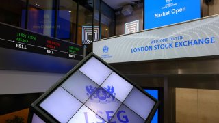 LSEG signage is seen on screens in the lobby of the London Stock Exchange in London, Britain, May 14, 2024. 