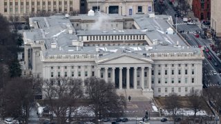 The U.S. Treasury Building is seen from the Washington Monument on a cold, winter day on Jan. 21, 2025 in Washington, DC.