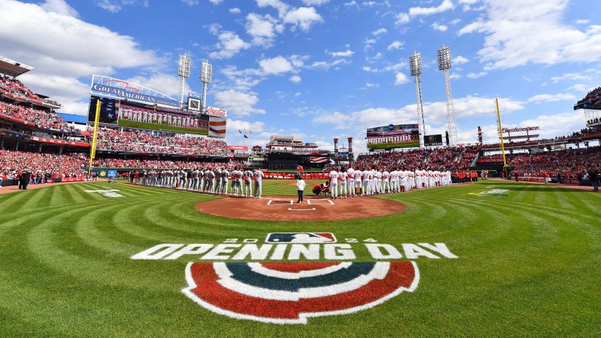 A general view during the singing of the national anthem on Opening Day