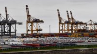 Cars for export and import park on Thursday, May 16, 2019 at the harbor in Bremerhaven, Germany, with 2 million vehicles per annum one of the largest automobile hubs in the world. US President Donald Trump is delaying any decision to impose tariffs on car and auto-part imports for now.