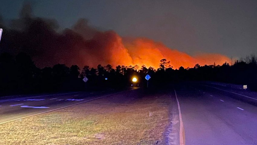 In this photo released by the Horry County Fire Rescue, smoke is seen from fires in Horry County, S.C., on Saturday, March 1, 2025.