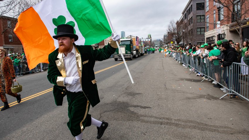 A person dressed as a leprechaun runs during the annual St. Patrick’s Day & Evacuation Day Parade in Boston, Massachusetts, on March 16, 2025. Evacuation Day commemorates the evacuation of British forces from the city of Boston, early in the American Revolutionary War. (Photo by Joseph Prezioso / AFP) (Photo by JOSEPH PREZIOSO/AFP via Getty Images)