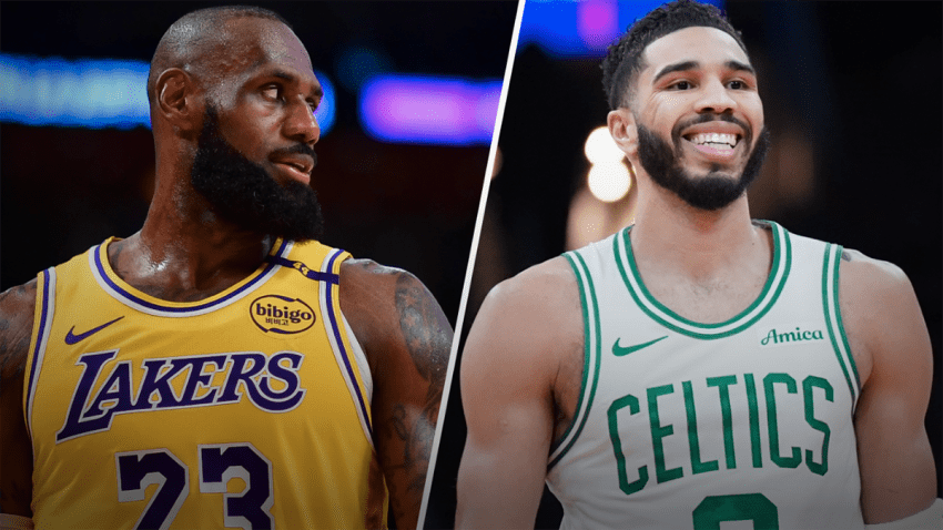 Lakers forward LeBron James and Celtics forward Jayson Tatum