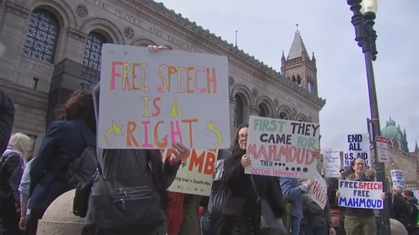 Protesters in Boston called for the end of the war in Gaza and the release of Palestinian activist Mahmoud Khalil, who was arrested by immigration officials after leading protests at Columbia University last spring.