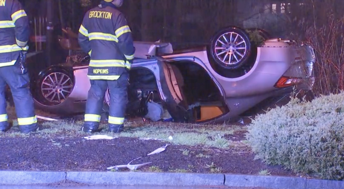 Woman escapes car after losing control, hitting building and flipping over in Brockton