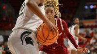 Harvard Crimson guard Harmoni Turner guards Michigan State Spartans guard Nyla Hampton during the second half at James T. Valvano Arena in Raleigh, North Carolina, on Saturday, March 22, 2025.