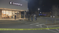 Police investigating a double shooting outside a Chipotle near the Westgate Mall in Brockton, Massachusetts, on Saturday, March 22, 2025.