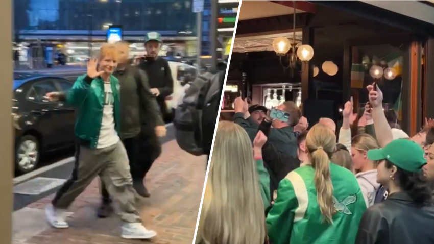 At left, Ed Sheeran walking into Boston pub The Dubliner on Monday, March 17, 2025 — St. Patrick's Day. At right, a crowd forms outside the bar while Sheeran plays.