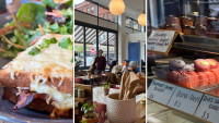 Sights at Ellie's, a French cafe and restaurant in Providence, Rhode Island: A croque monsieur, seats under globe lights and macarons in a display case.