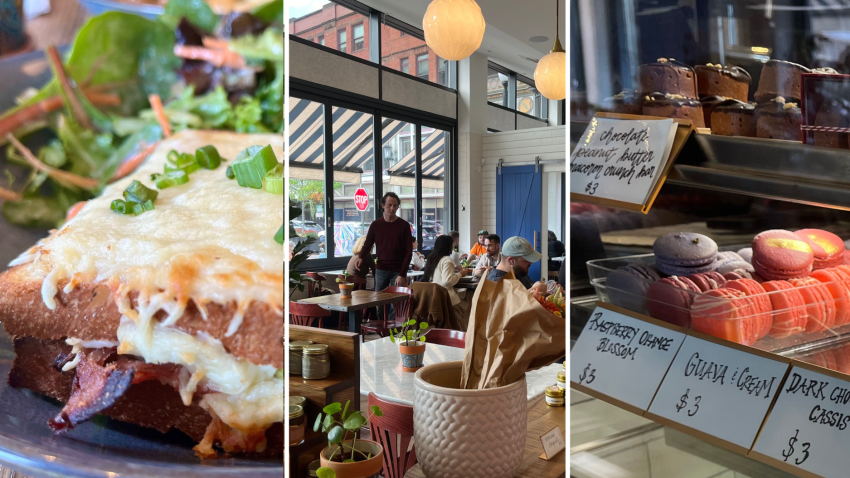 Sights at Ellie's, a French cafe and restaurant in Providence, Rhode Island: A croque monsieur, seats under globe lights and macarons in a display case.