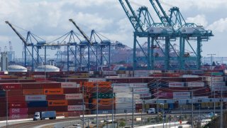 A drone view shows shipping containers from China, at the China Shipping (North America) Holding Company Ltd. facility at the Port of Los Angeles in Wilmington, California, Feb. 4, 2025.