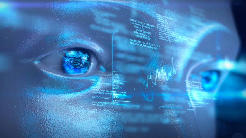 Artificial intelligence robot looking at futuristic digital data display.