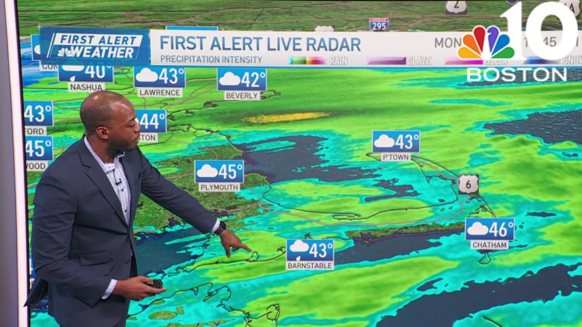 Showers, wintry mix moving through New England Monday morning
