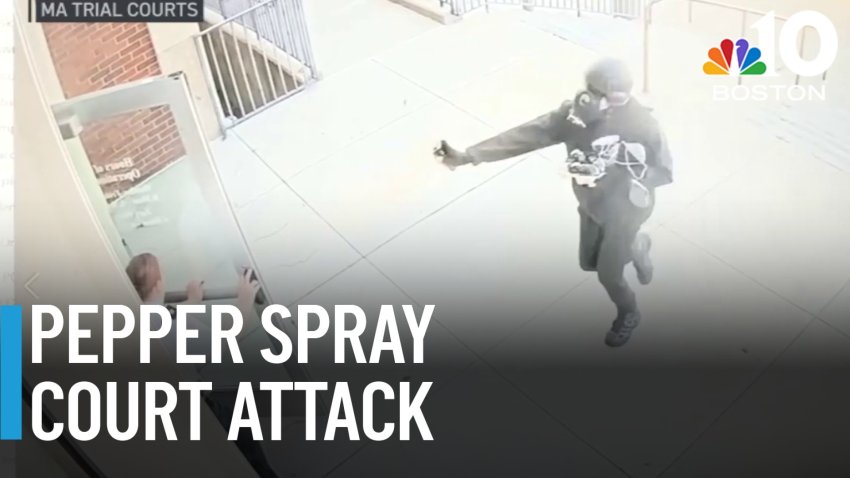RAW VIDEO: Man in gas mask pepper-sprays court officers, is tackled
