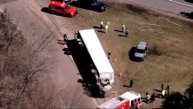 A tractor trailer crash on I-95 south in Dedham, Massachusetts on April 14 2025.