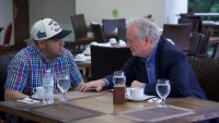 Maryland Sen. Chris Van Hollen, right, speaks with Kilmar Abrego Garcia, a Salvadoran citizen who was living in Maryland and deported to El Salvador by the Trump administration, in a hotel restaurant in San Salvador, El Salvador, Thursday, April 17, 2025.