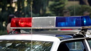 Close-up view of a police cars overhead siren and light bar