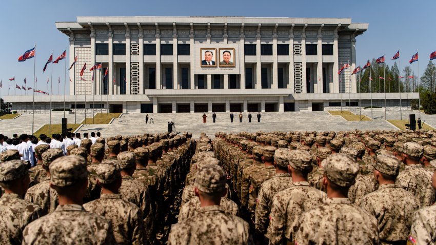 File. Korean People’s Army soldiers participate in a commemorative march in the plaza of the April 25 House of Culture in Pyongyang on April 25, 2025, to mark the 93rd anniversary of the Korean People’s Revolutionary Army.