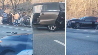 Images from cellphone video showing cars involved in a deadly crash on I-93 in Massachusetts on Thursday, April 17, 2025.