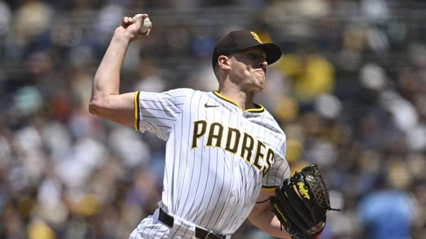 Apr 16, 2025; San Diego, California, USA; San Diego Padres starting pitcher Nick Pivetta (27) delivers during the second inning against the Chicago Cubs at Petco Park. Mandatory Credit: Denis Poroy-Imagn Images