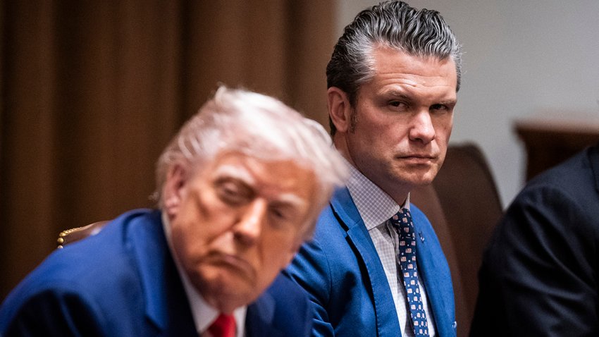 President Donald Trump and Defense Secretary Pete Hegseth listen during a Cabinet meeting at the White House on Thursday, April 10, 2025.