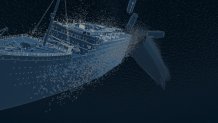 A CGI illustration of the bow of the Titanic as it sinks into the ocean.