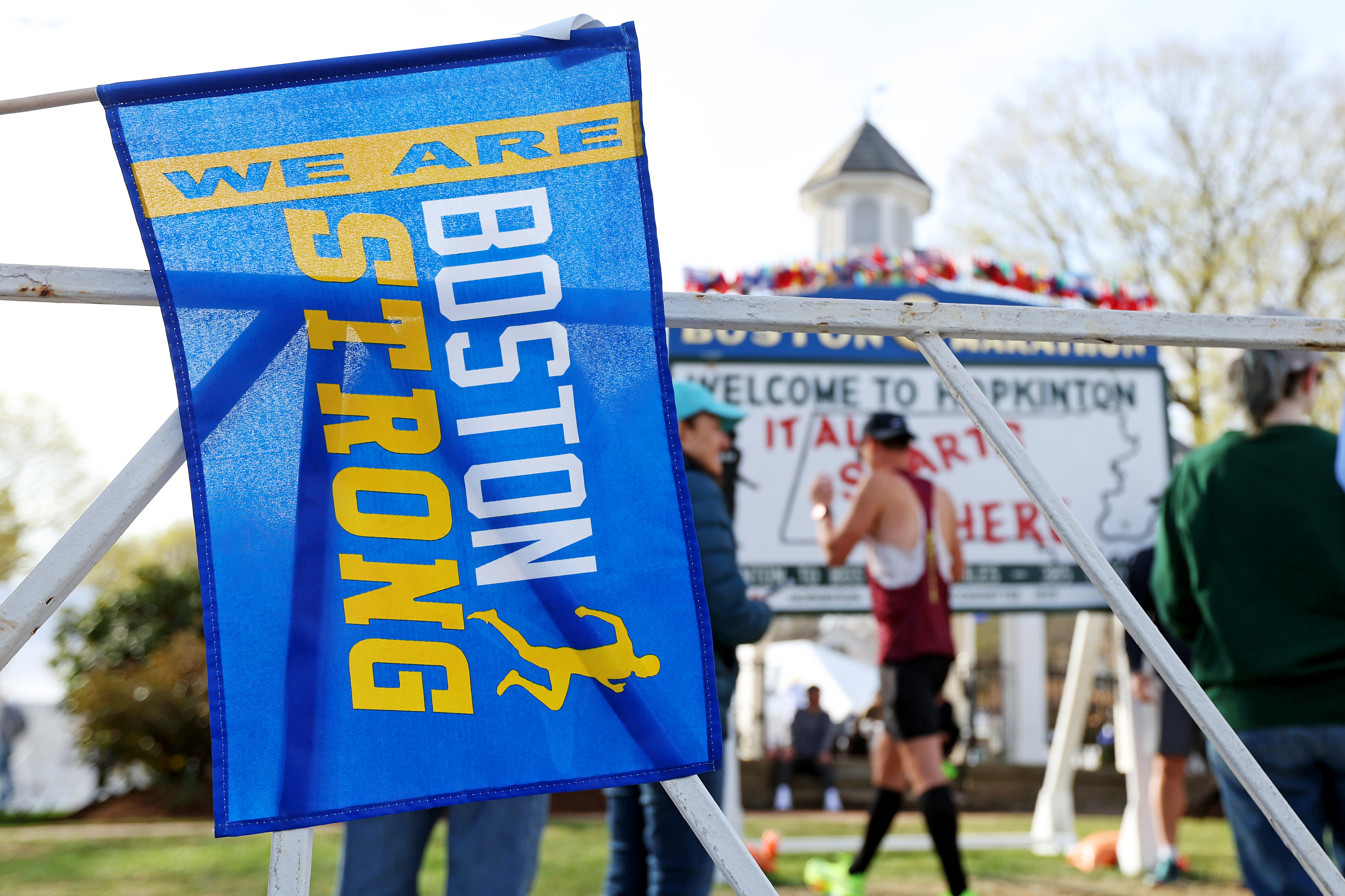 Apr 21, 2025; Boston, MA, USA; A flag reading “We are Boston strong” hangs at the start line before the 2025 Boston Marathon. Mandatory Credit: Paul Rutherford-Imagn Images