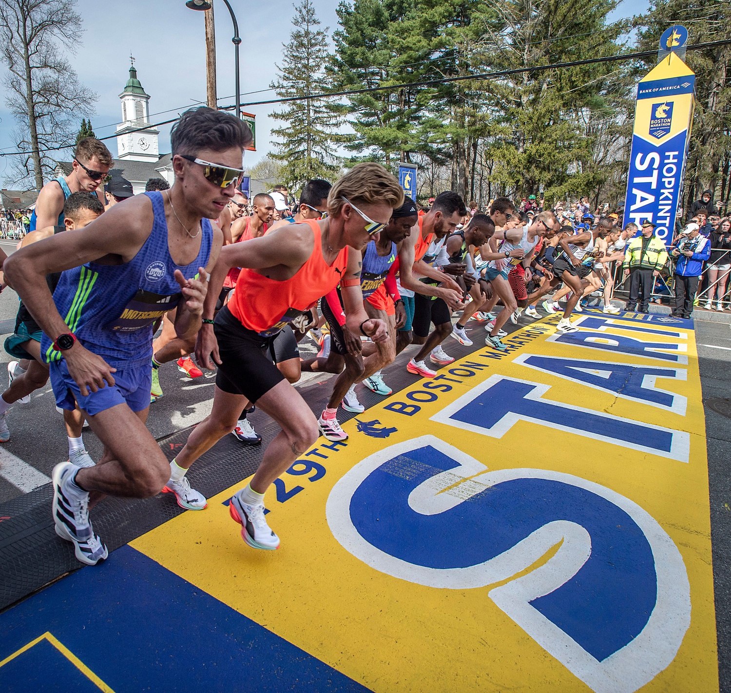 The professional men&#8217;s start in Hopkinton for the 129th running of the Boston Marathon, April 21, 2025.