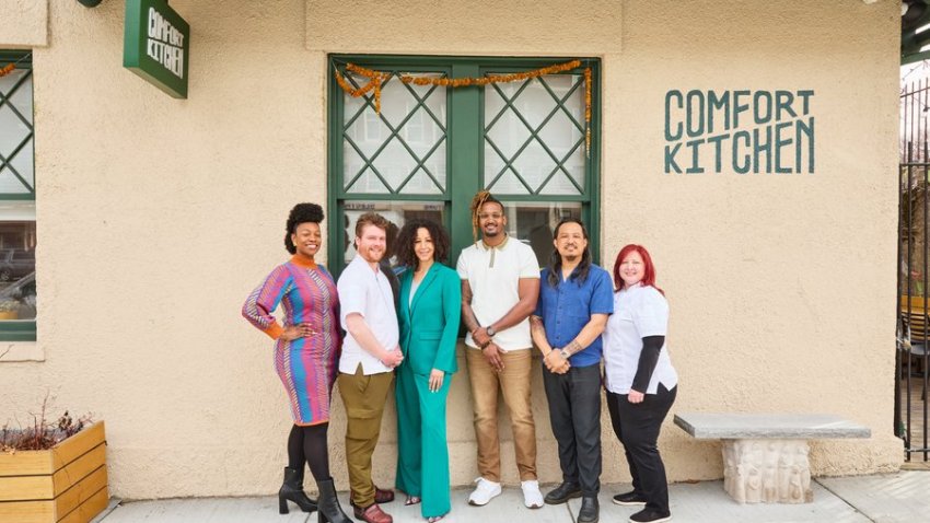 The team from Dorchester’s Comfort Kitchen that will help open sibling restaurant Ama in Allston includes Nyacko Pearl Perry, third from left, and Biplaw Rai, second from right.