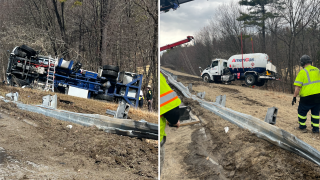 A propane truck that crashed off I-93 in Bow, New Hampshire, on Tuesday, April 15, 2025.