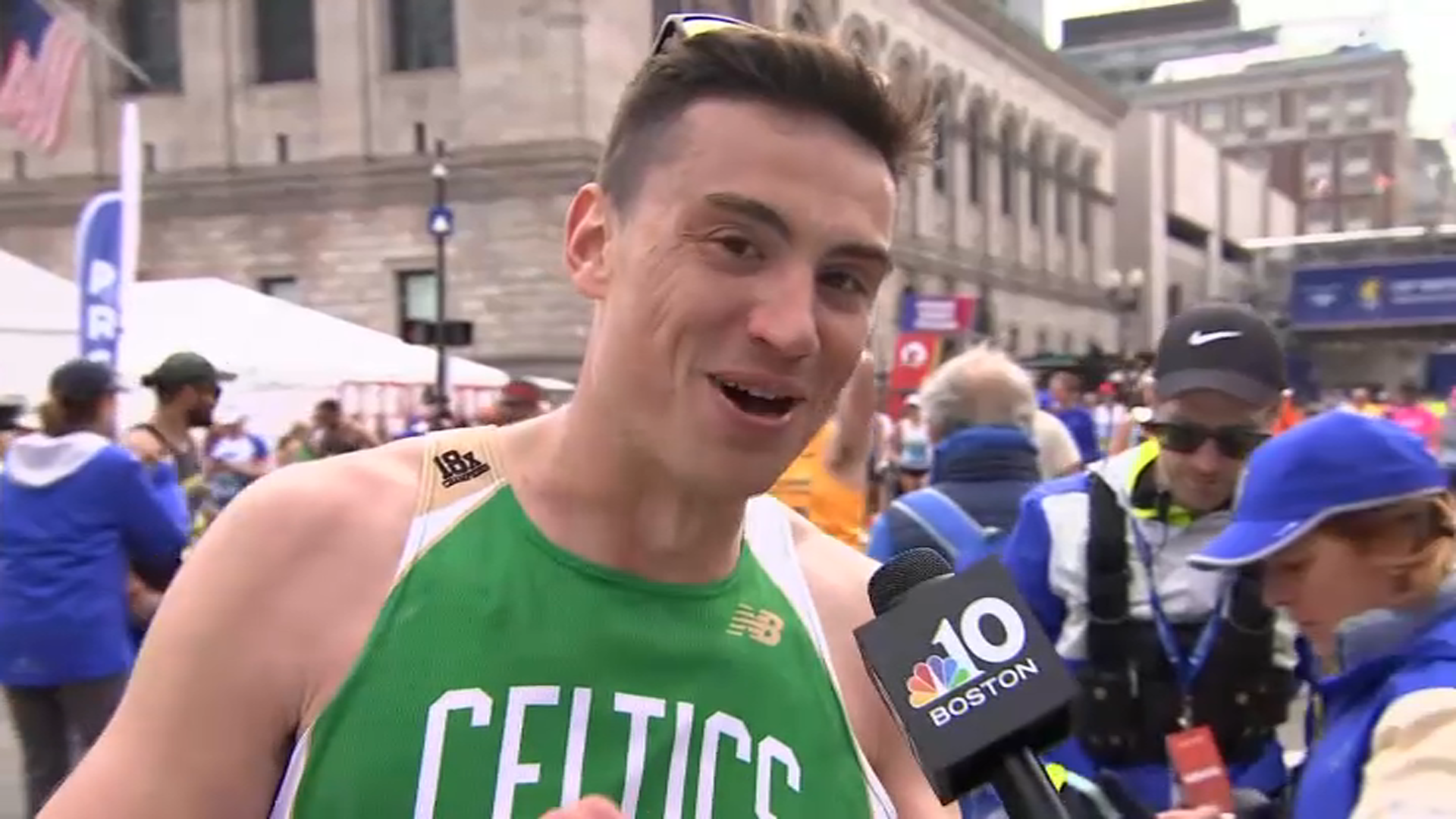 Drew Carter after finishing the Boston Marathon on Monday, April 19, 2025.