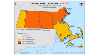 A map showing the drought status of Massachusetts as of March 7, 2025. Most of the state is in critical drought, with areas south and east of Boston, as well as the Berkshires, in significant drought.