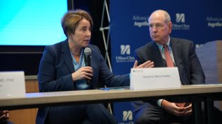 Gov. Maura Healey spoke at UMass Chan Medical School about the impact of cuts to federal research funding.